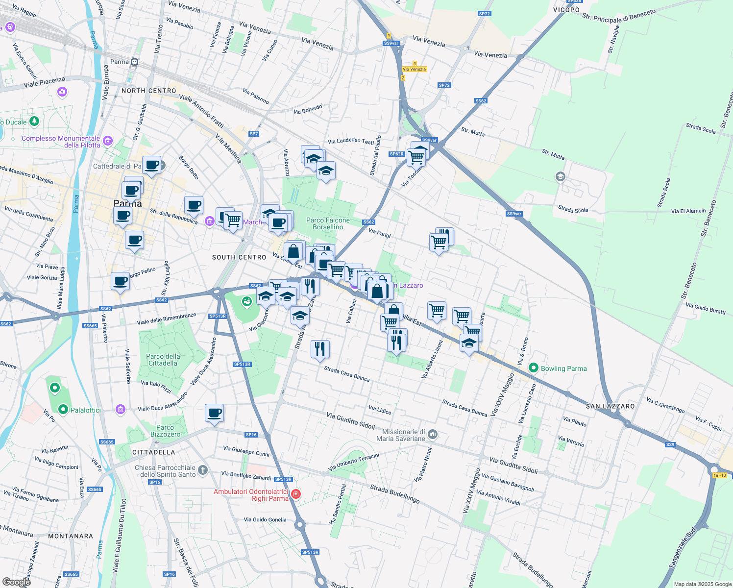 map of restaurants, bars, coffee shops, grocery stores, and more near 1 Via Clemente Bondi in Parma