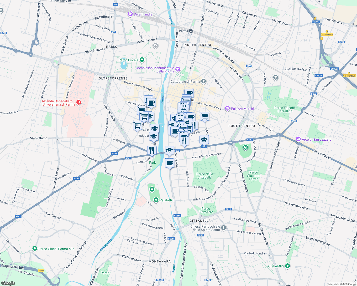 map of restaurants, bars, coffee shops, grocery stores, and more near 4 Via Camillo Rondani in Parma