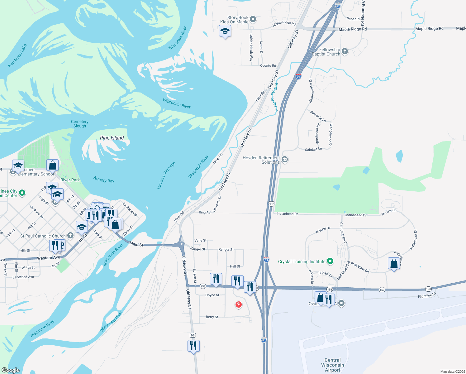 map of restaurants, bars, coffee shops, grocery stores, and more near 619 Bielen Rd in Mosinee