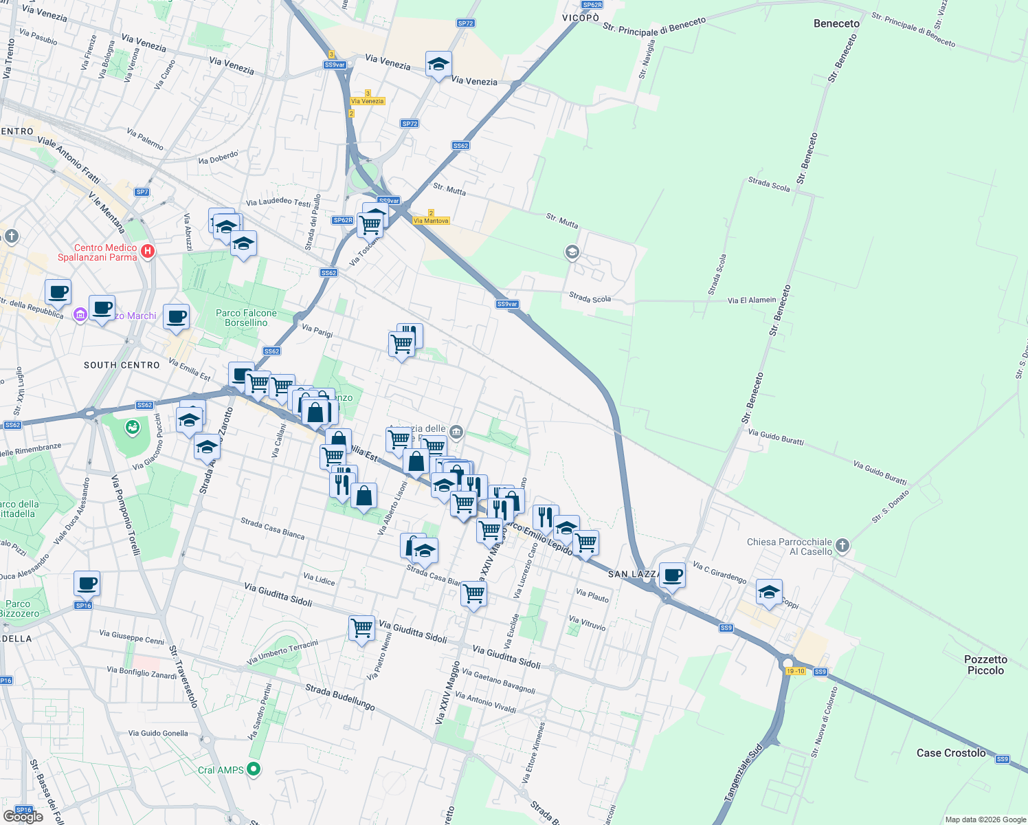 map of restaurants, bars, coffee shops, grocery stores, and more near 7 Via Passo delle Guadine in Parma