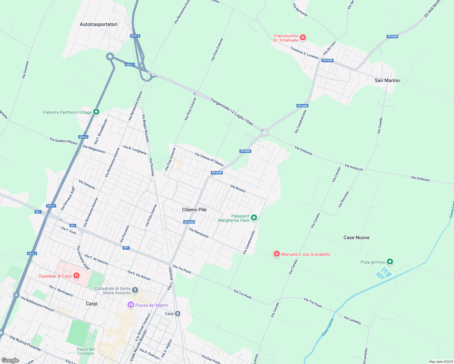 map of restaurants, bars, coffee shops, grocery stores, and more near 3 Via Bonasi in Carpi