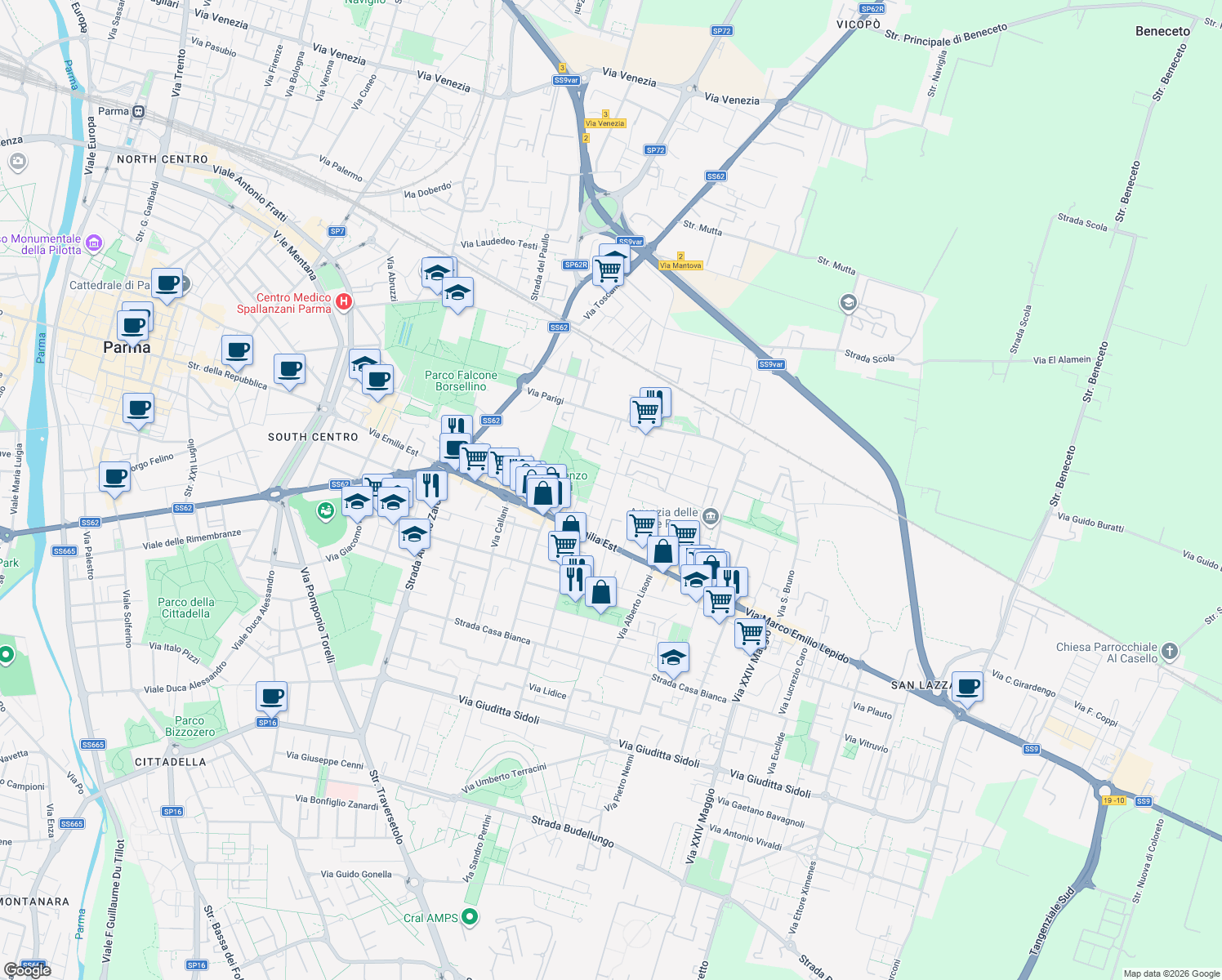 map of restaurants, bars, coffee shops, grocery stores, and more near 12-14 Via Scarabelli Zunti in Parma