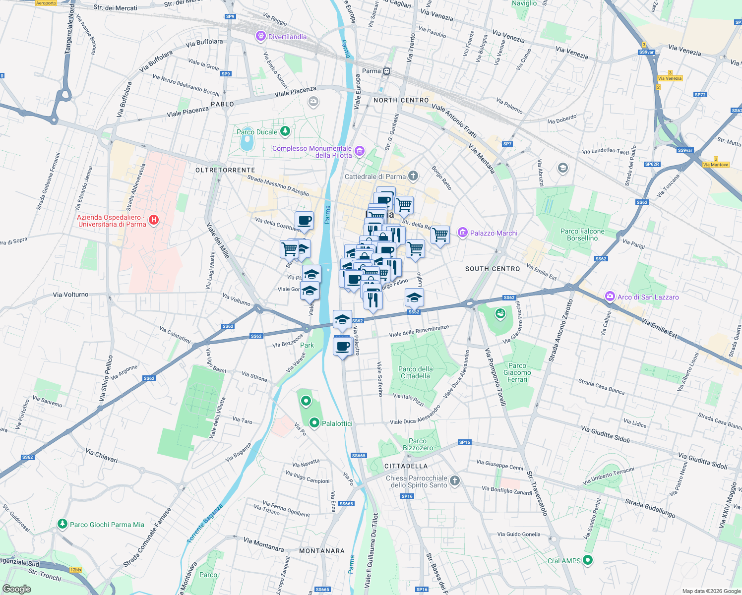 map of restaurants, bars, coffee shops, grocery stores, and more near 92/c Strada Luigi Carlo Farini in Parma
