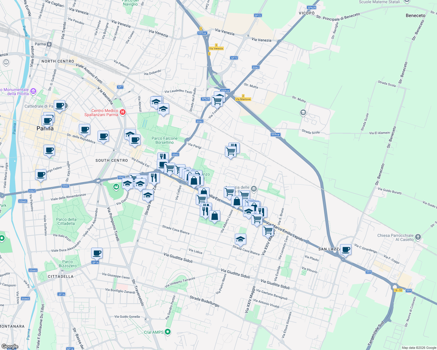 map of restaurants, bars, coffee shops, grocery stores, and more near 12-14 Via Scarabelli Zunti in Parma
