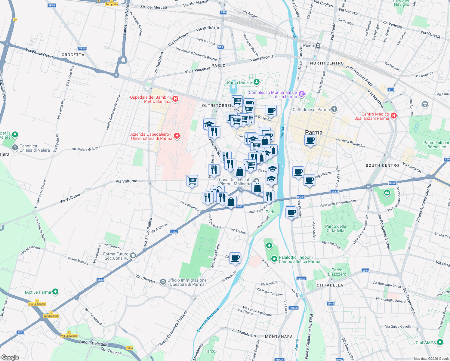 map of restaurants, bars, coffee shops, grocery stores, and more near 6-8 Via Volturno in Parma
