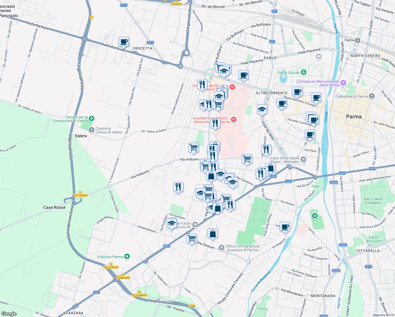map of restaurants, bars, coffee shops, grocery stores, and more near 17 Largo Luchino Visconti in Parma