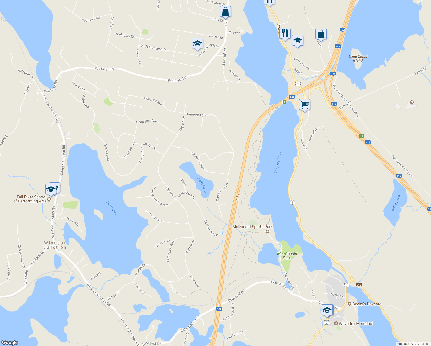 map of restaurants, bars, coffee shops, grocery stores, and more near 193 Lincolnshire Drive in Fall River