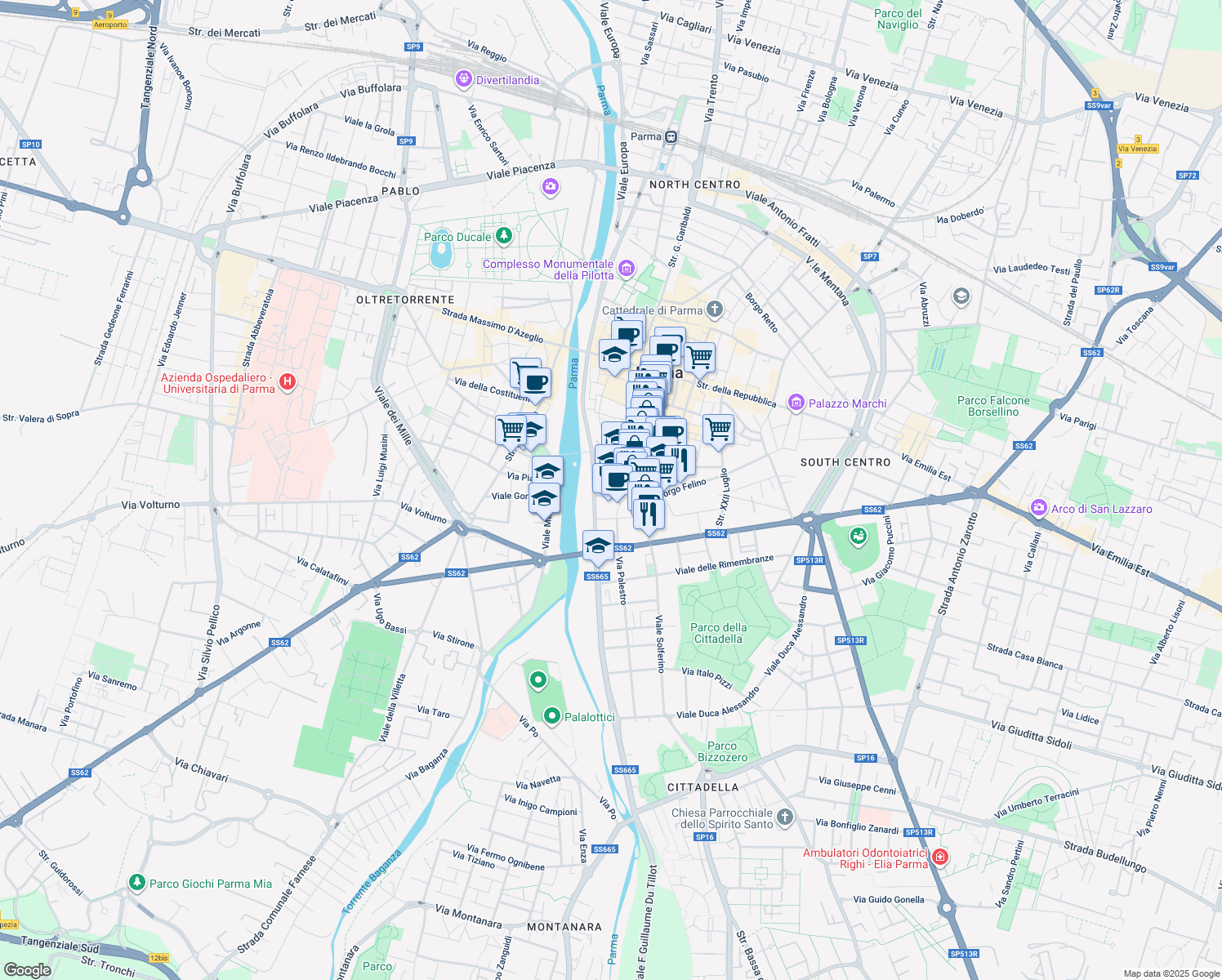 map of restaurants, bars, coffee shops, grocery stores, and more near 5 Borgo Salnitrara in Parma