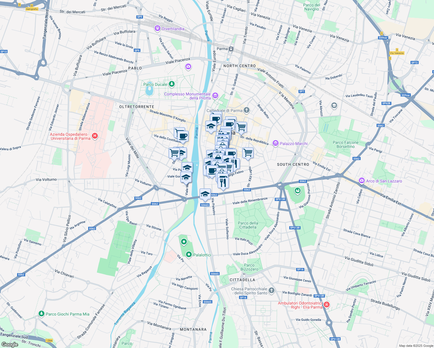 map of restaurants, bars, coffee shops, grocery stores, and more near 5 Borgo Salnitrara in Parma