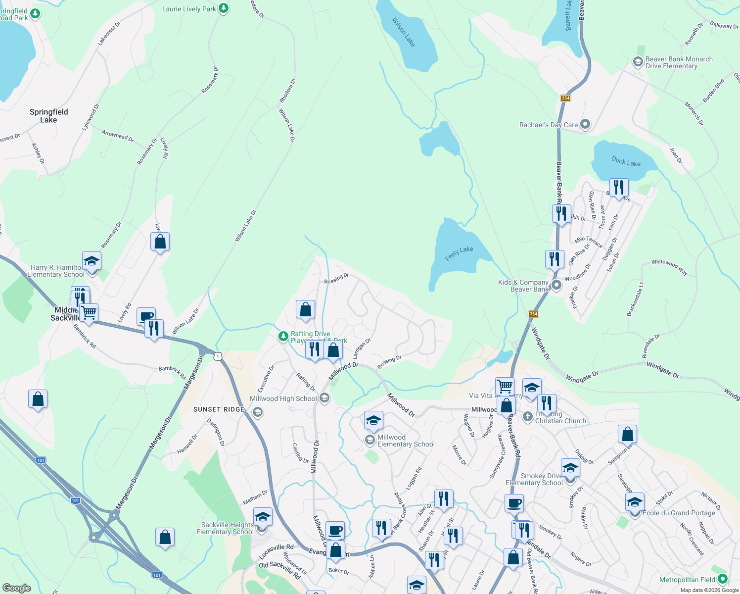 map of restaurants, bars, coffee shops, grocery stores, and more near 212 Rossing Drive in Middle Sackville