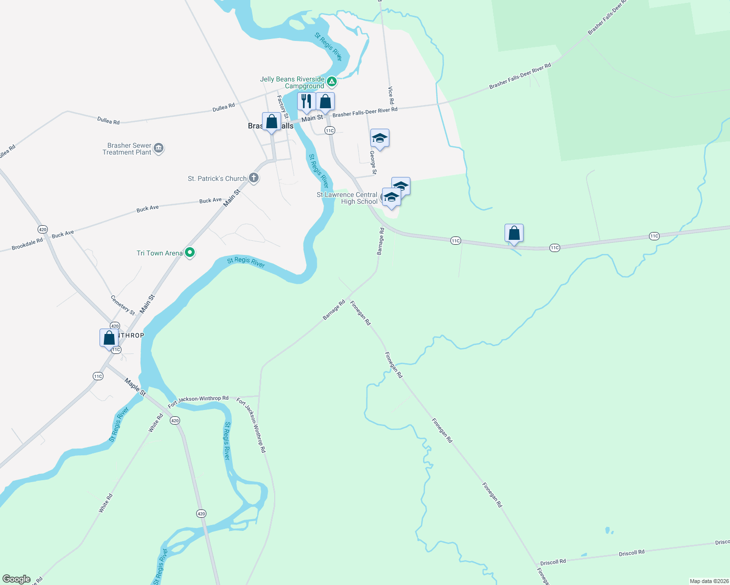 map of restaurants, bars, coffee shops, grocery stores, and more near 164 Barnage Road in Brasher Falls