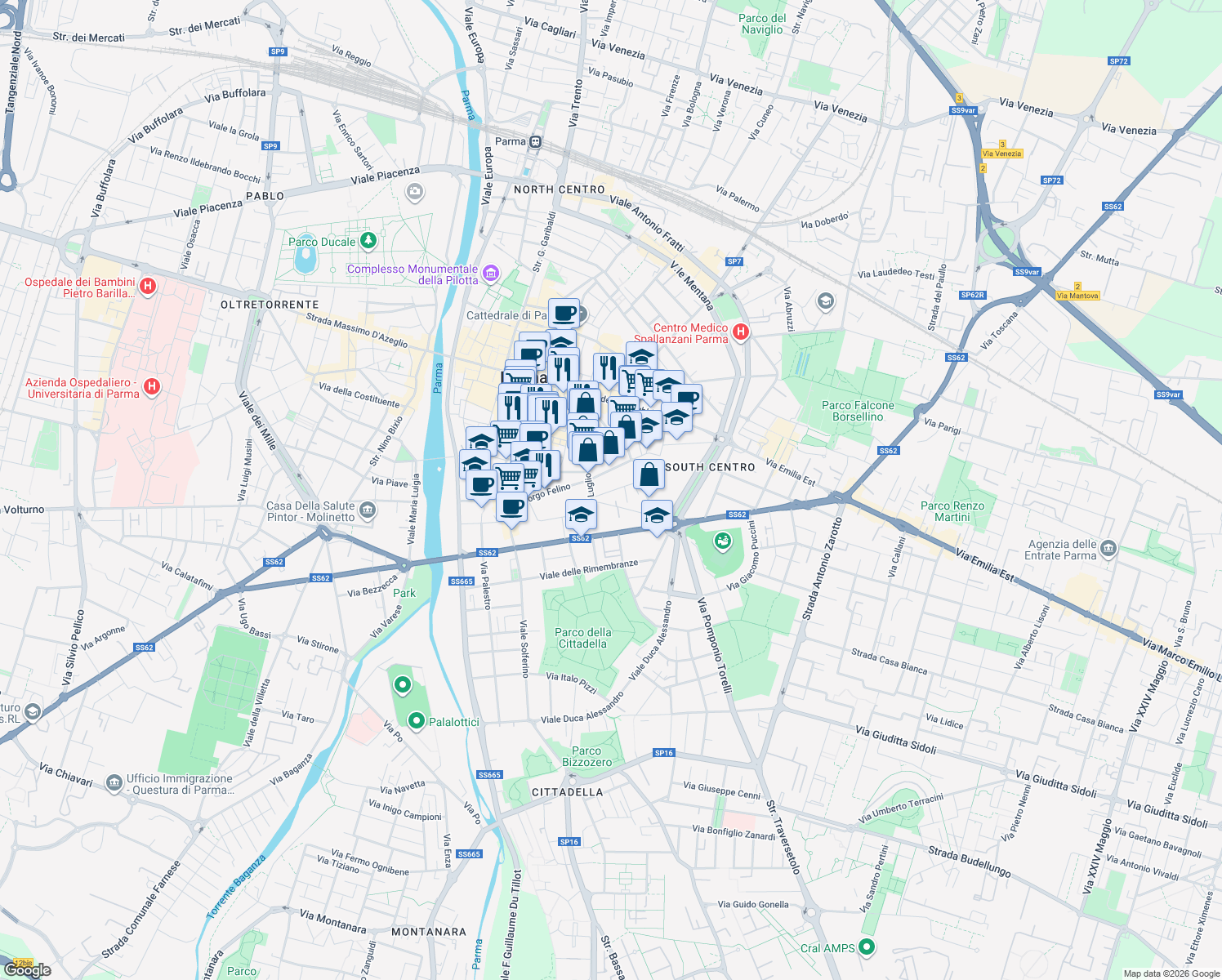map of restaurants, bars, coffee shops, grocery stores, and more near 5a Borgo Regale in Parma