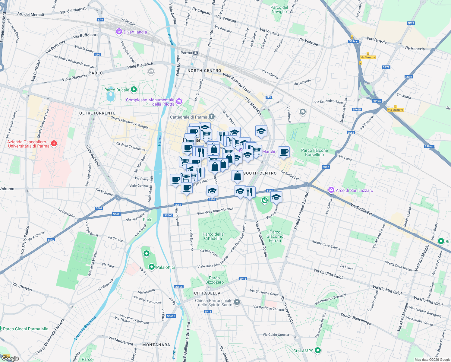 map of restaurants, bars, coffee shops, grocery stores, and more near 30 Via Primo Groppi in Parma