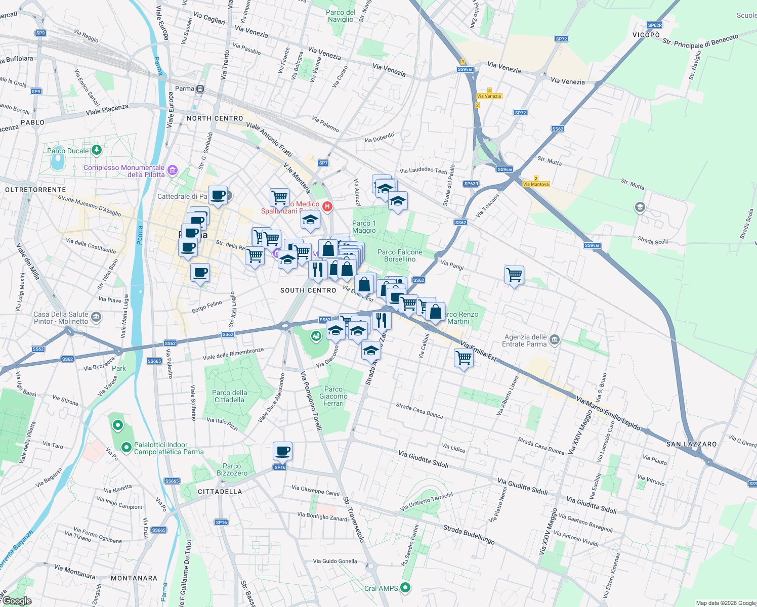 map of restaurants, bars, coffee shops, grocery stores, and more near 36-42 Via Emilia Est in Parma