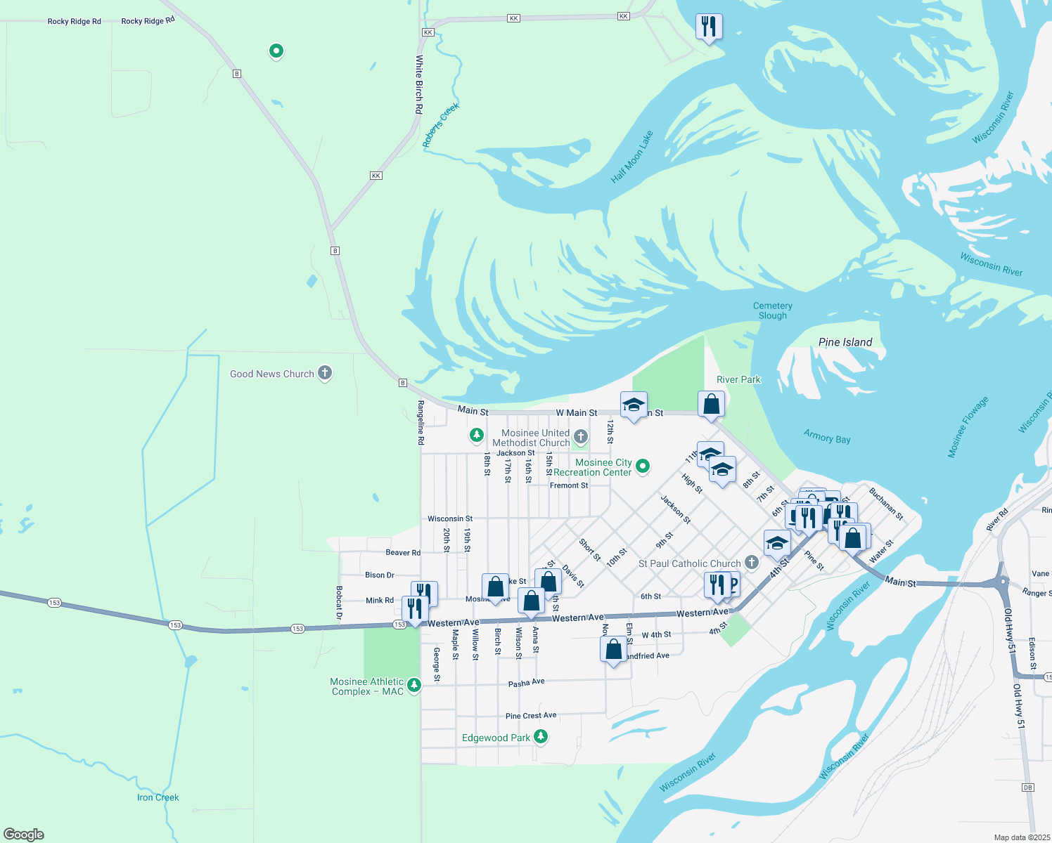 map of restaurants, bars, coffee shops, grocery stores, and more near 601 16th St in Mosinee