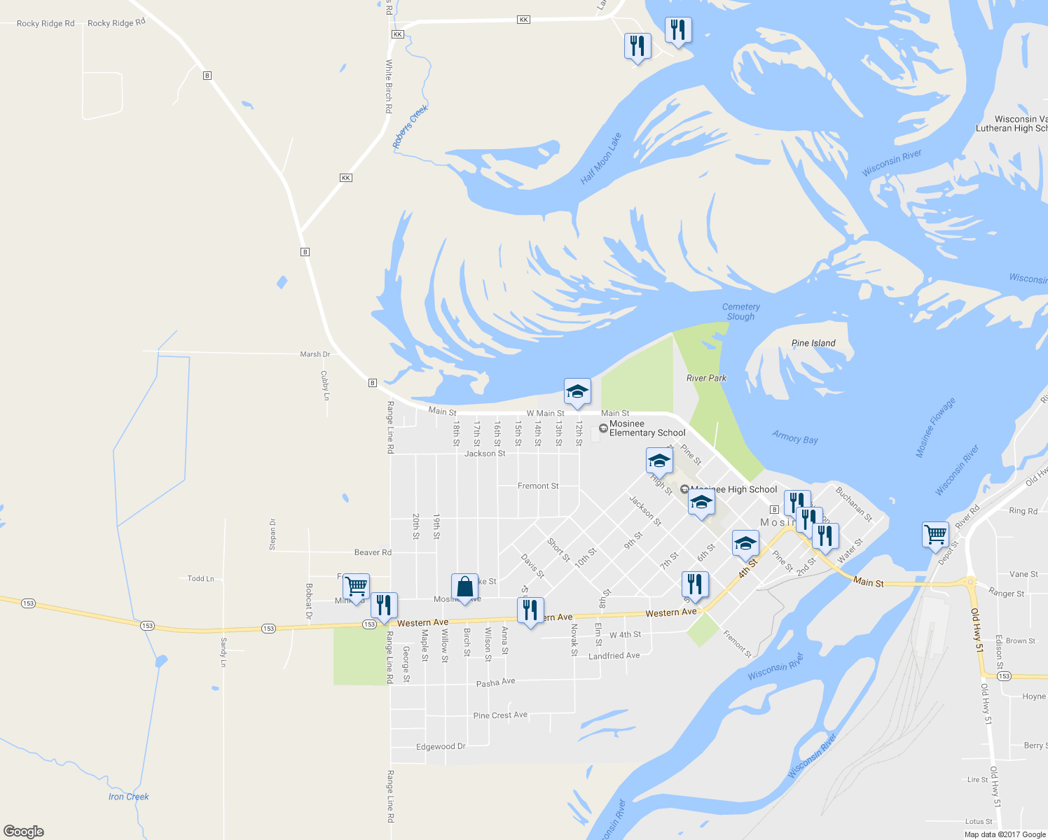 map of restaurants, bars, coffee shops, grocery stores, and more near 602 15th Street in Mosinee