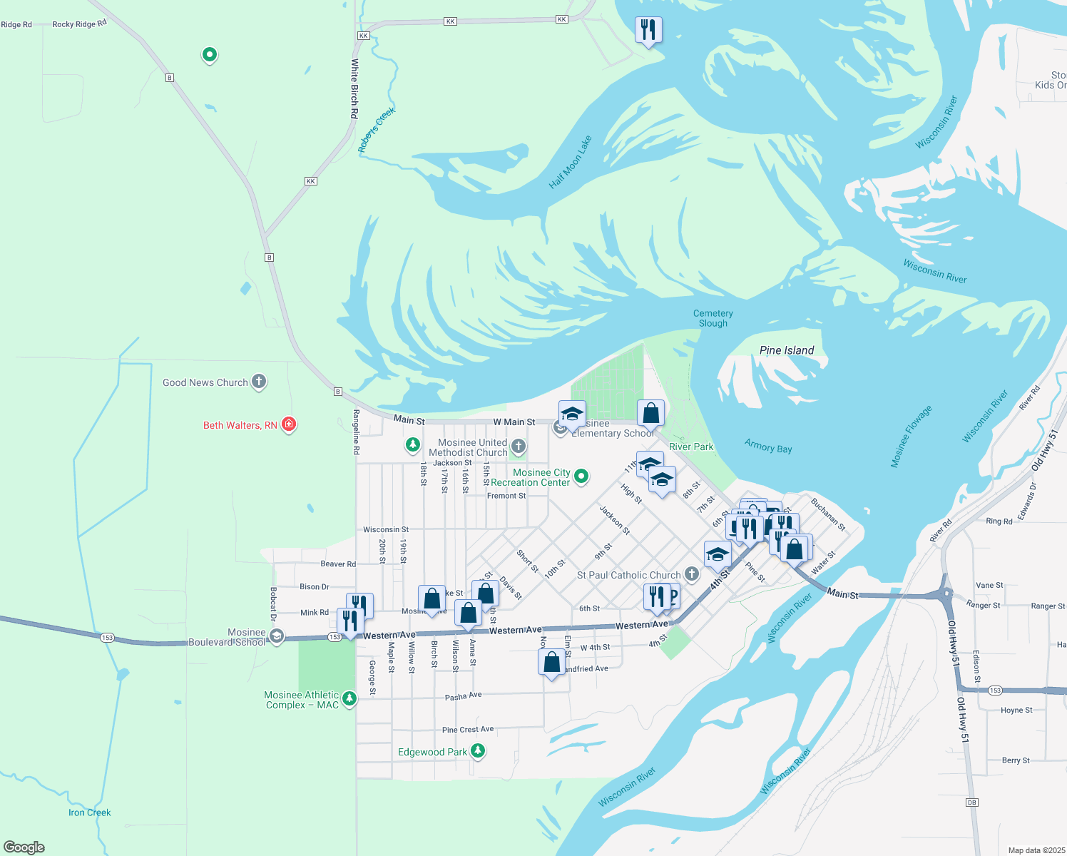 map of restaurants, bars, coffee shops, grocery stores, and more near 602 13th Street in Mosinee