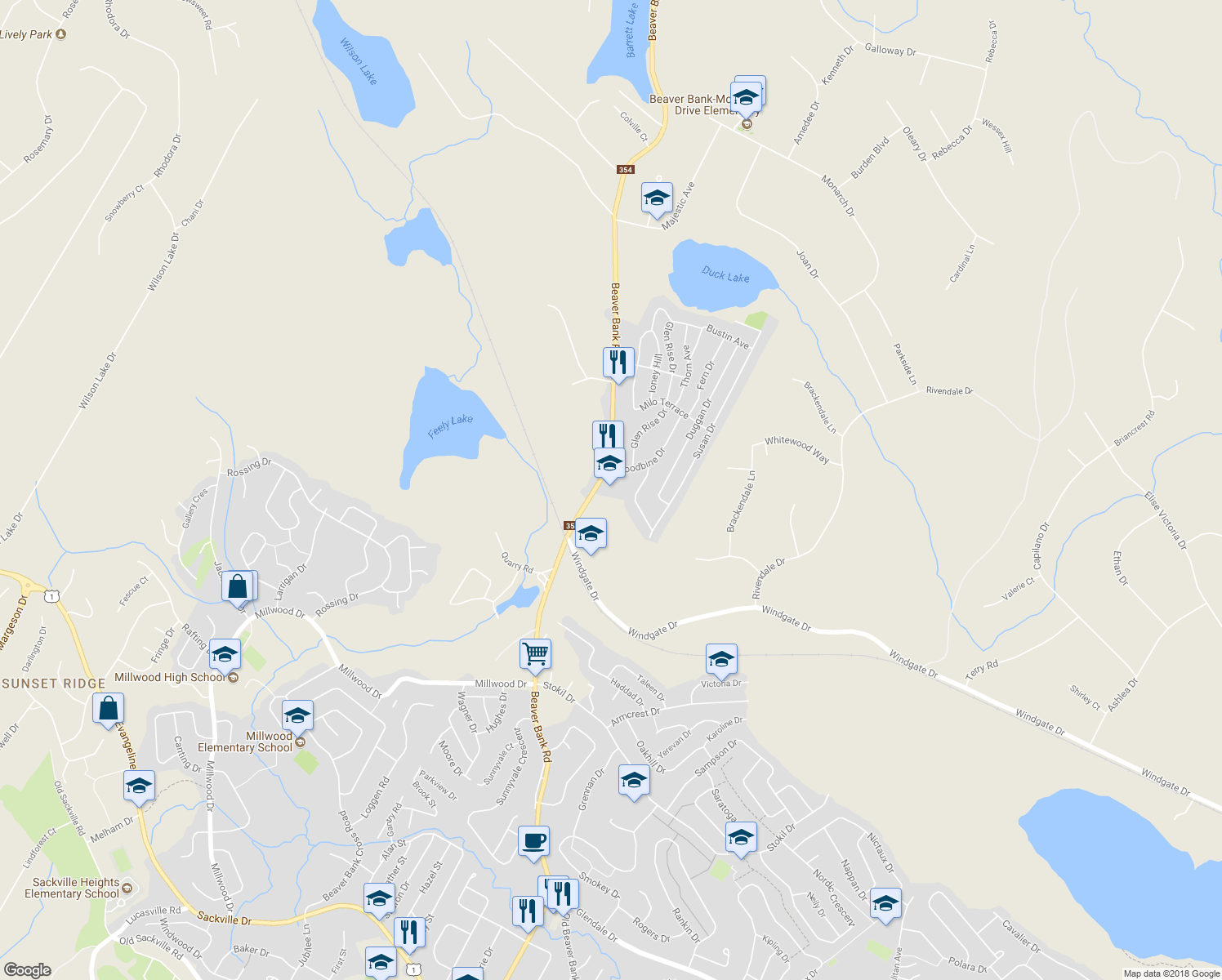 map of restaurants, bars, coffee shops, grocery stores, and more near 289 Beaver Bank Road in Beaver Bank