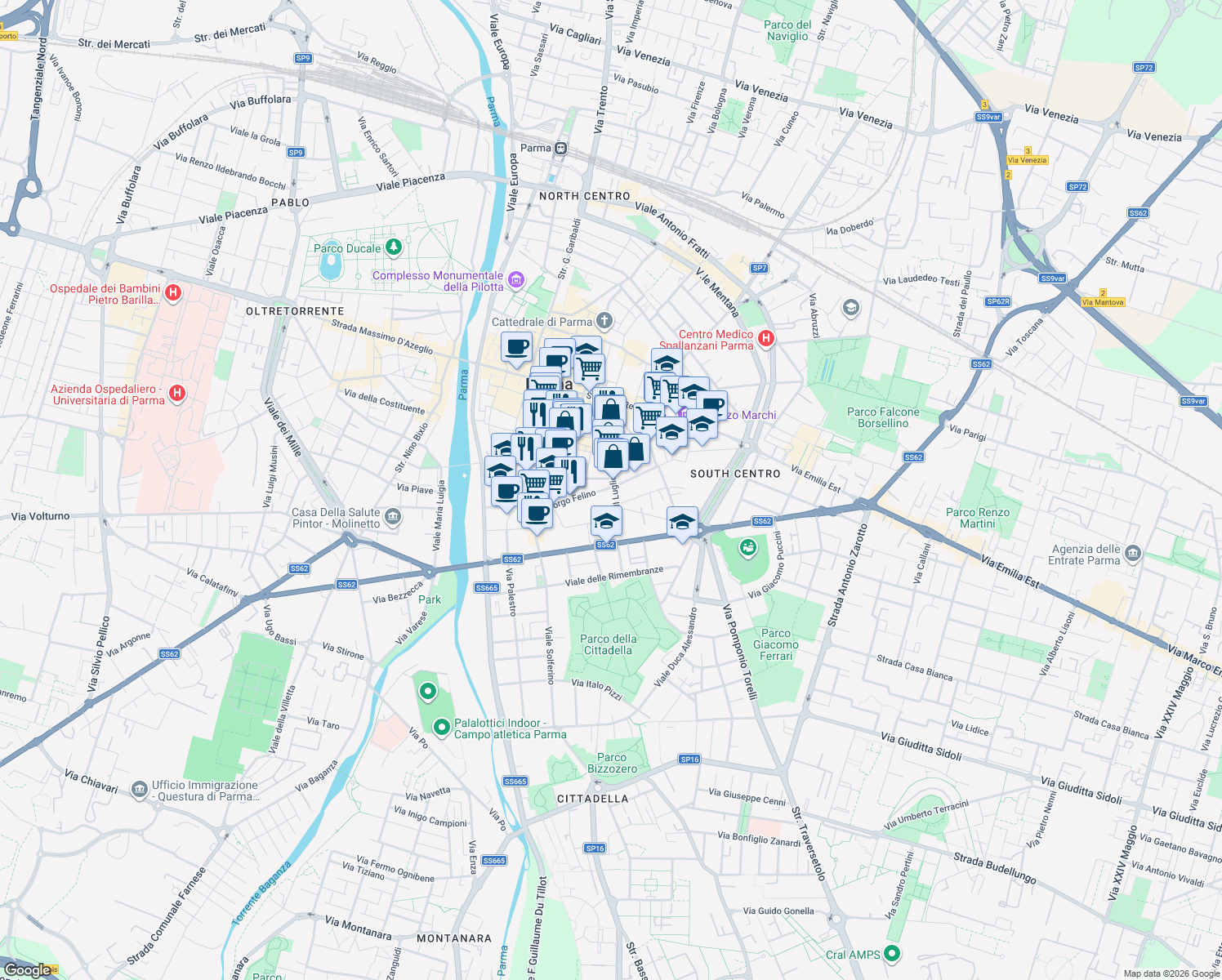 map of restaurants, bars, coffee shops, grocery stores, and more near 56 Borgo Felino in Parma