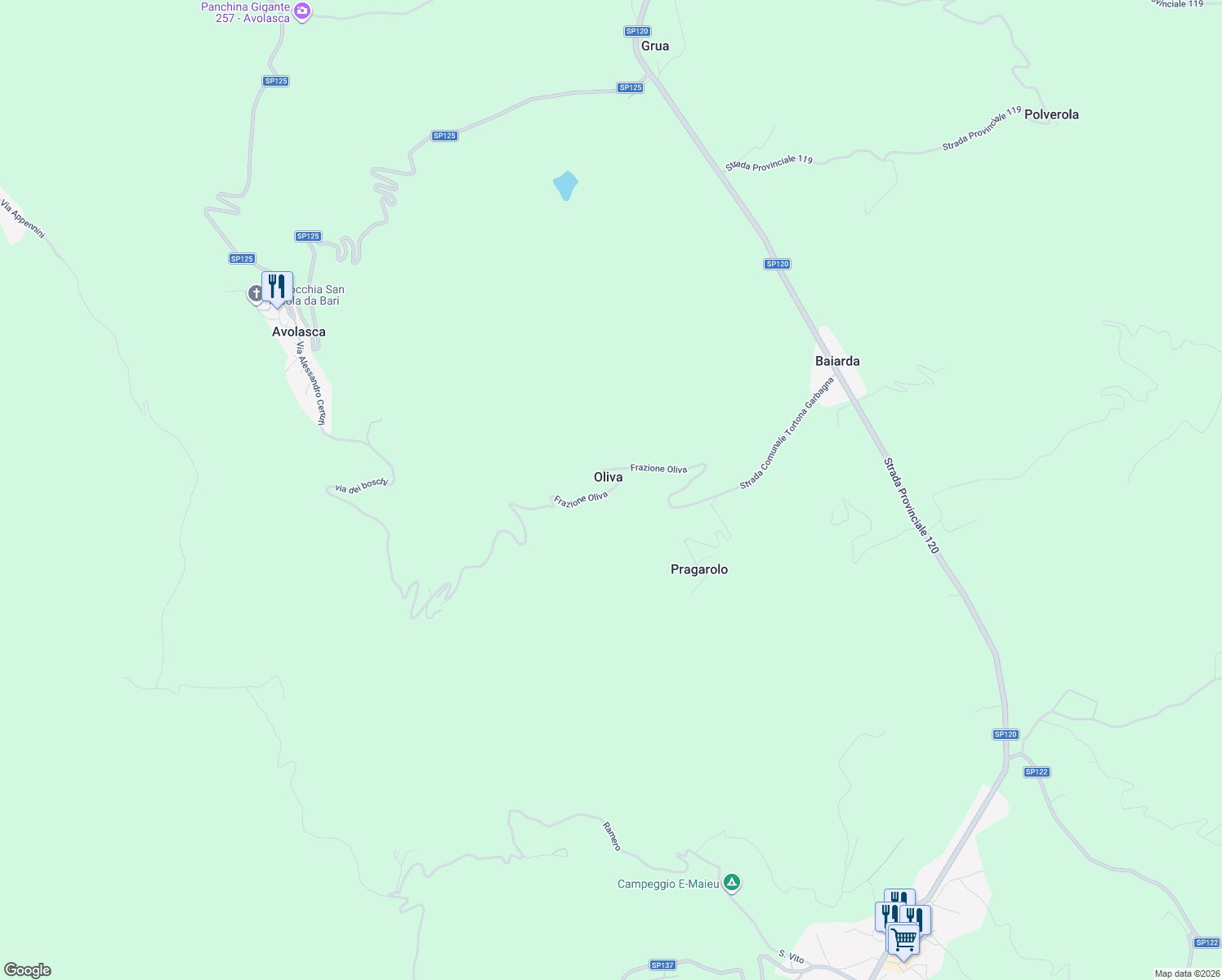 map of restaurants, bars, coffee shops, grocery stores, and more near 9 Frazione Oliva in Oliva
