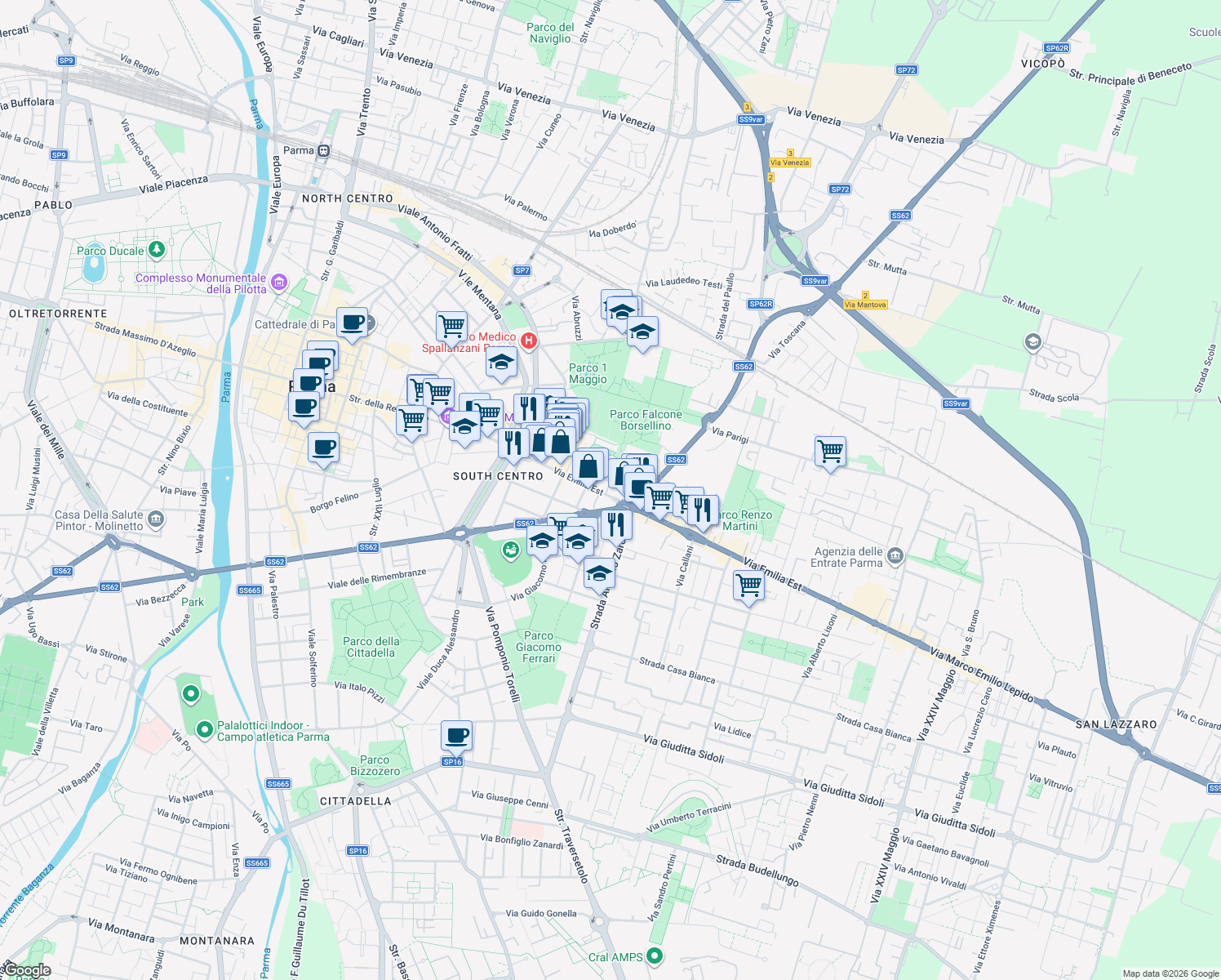 map of restaurants, bars, coffee shops, grocery stores, and more near 42 Via Emilia Est in Parma
