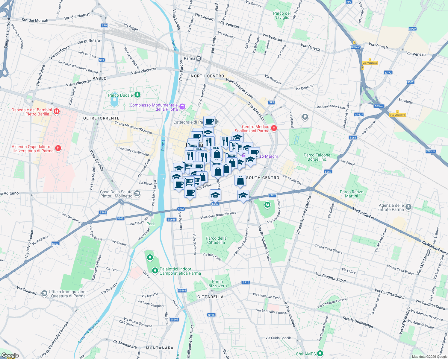map of restaurants, bars, coffee shops, grocery stores, and more near 5a Borgo Regale in Parma