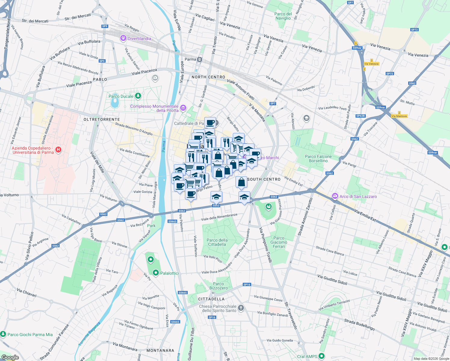 map of restaurants, bars, coffee shops, grocery stores, and more near 5a Borgo Regale in Parma