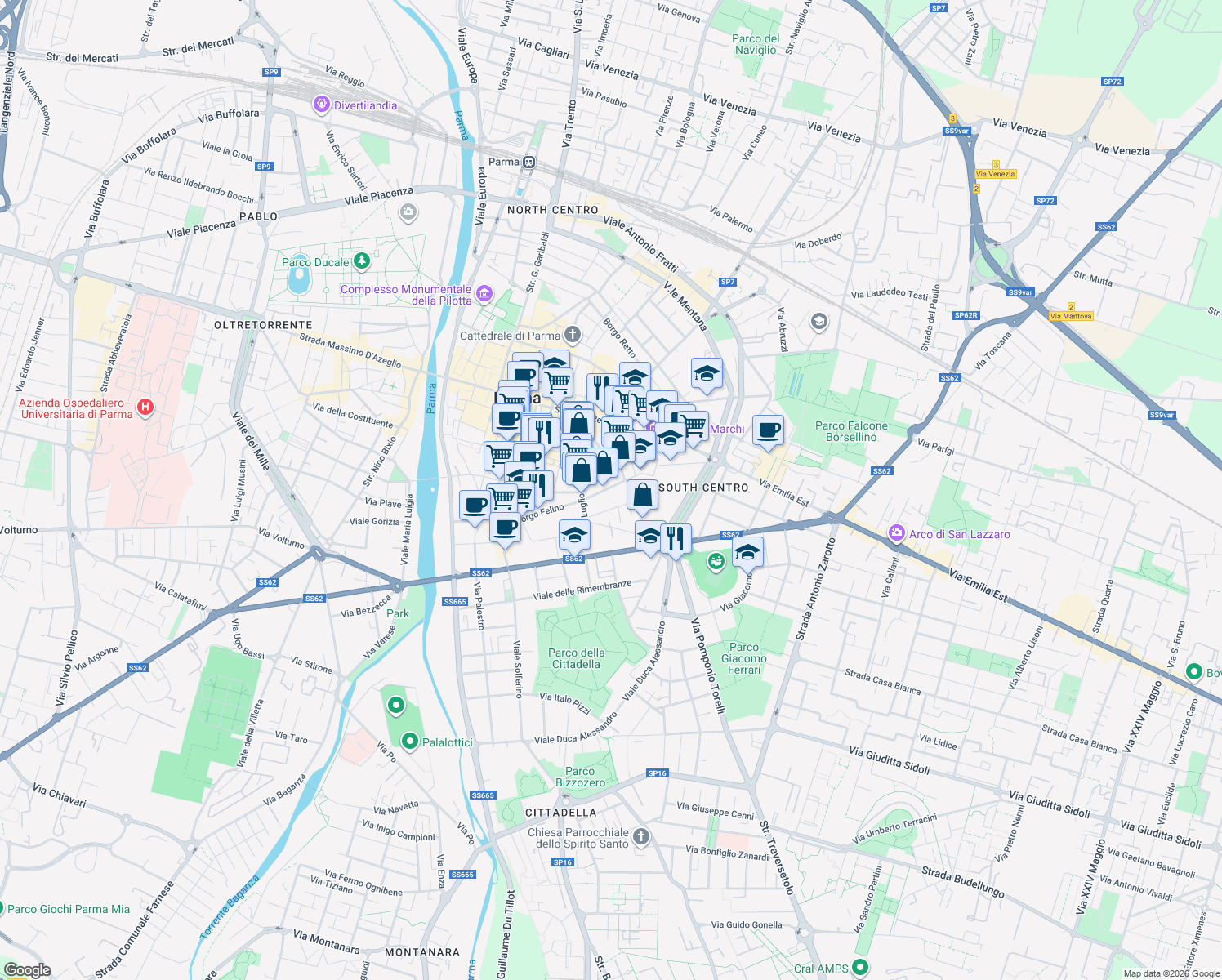 map of restaurants, bars, coffee shops, grocery stores, and more near 2-30 Via Primo Groppi in Parma