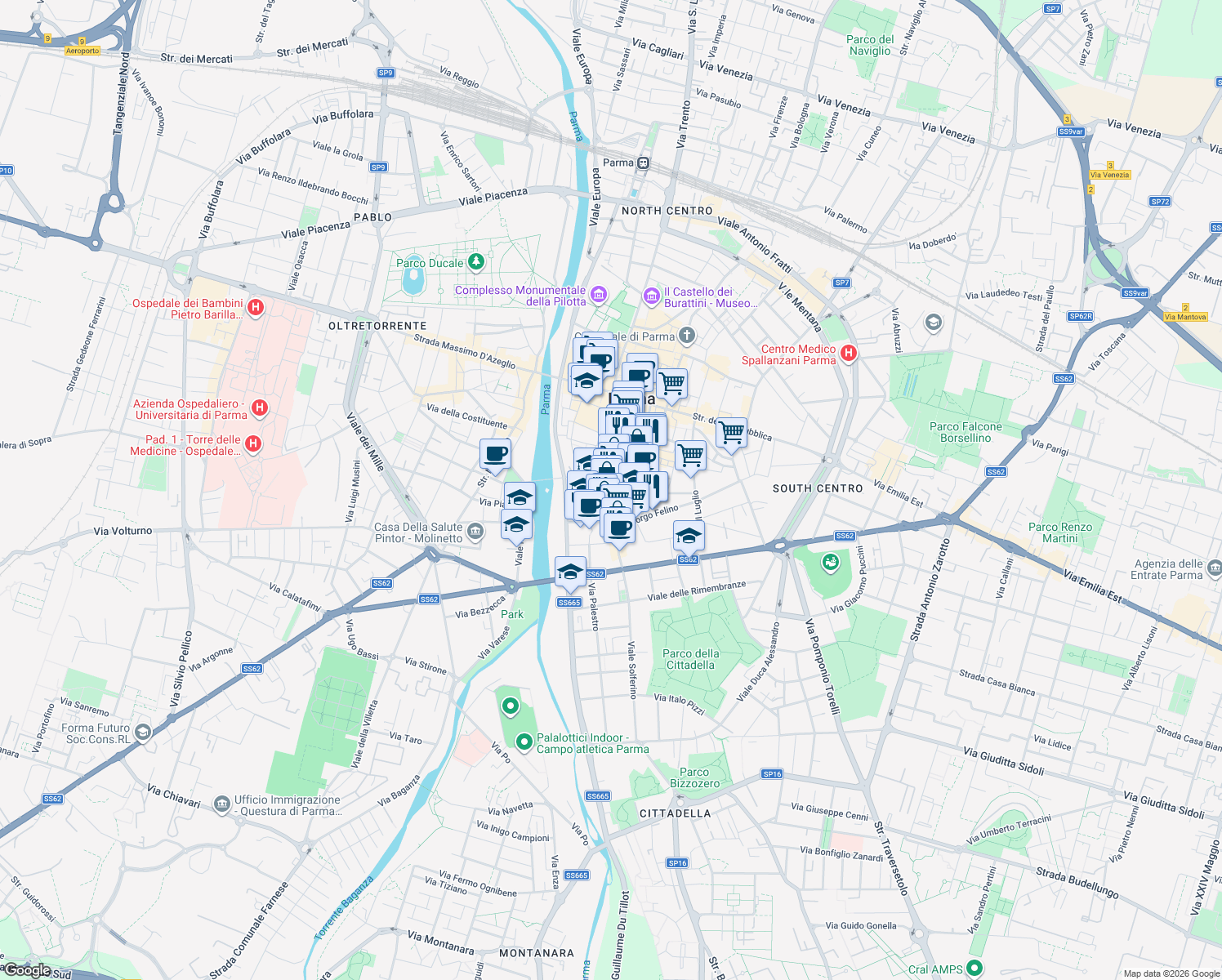 map of restaurants, bars, coffee shops, grocery stores, and more near 52A Strada Luigi Carlo Farini in Parma