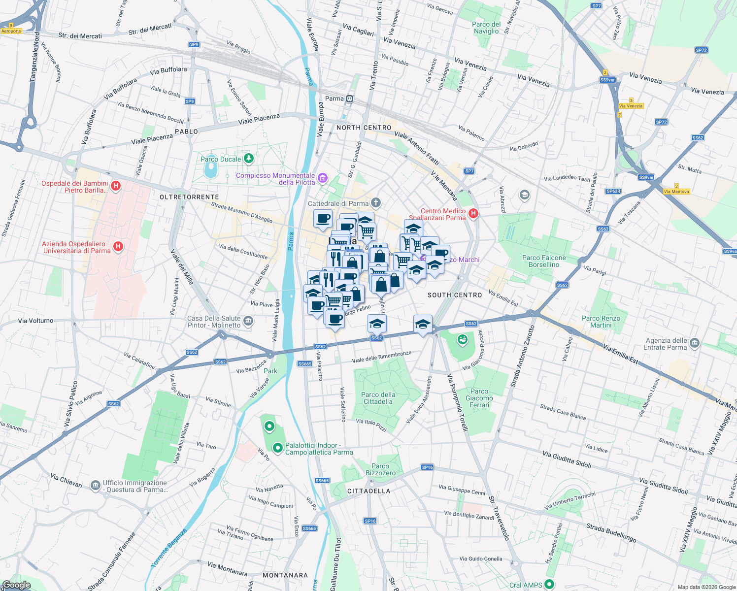 map of restaurants, bars, coffee shops, grocery stores, and more near 14-56 Borgo Felino in Parma