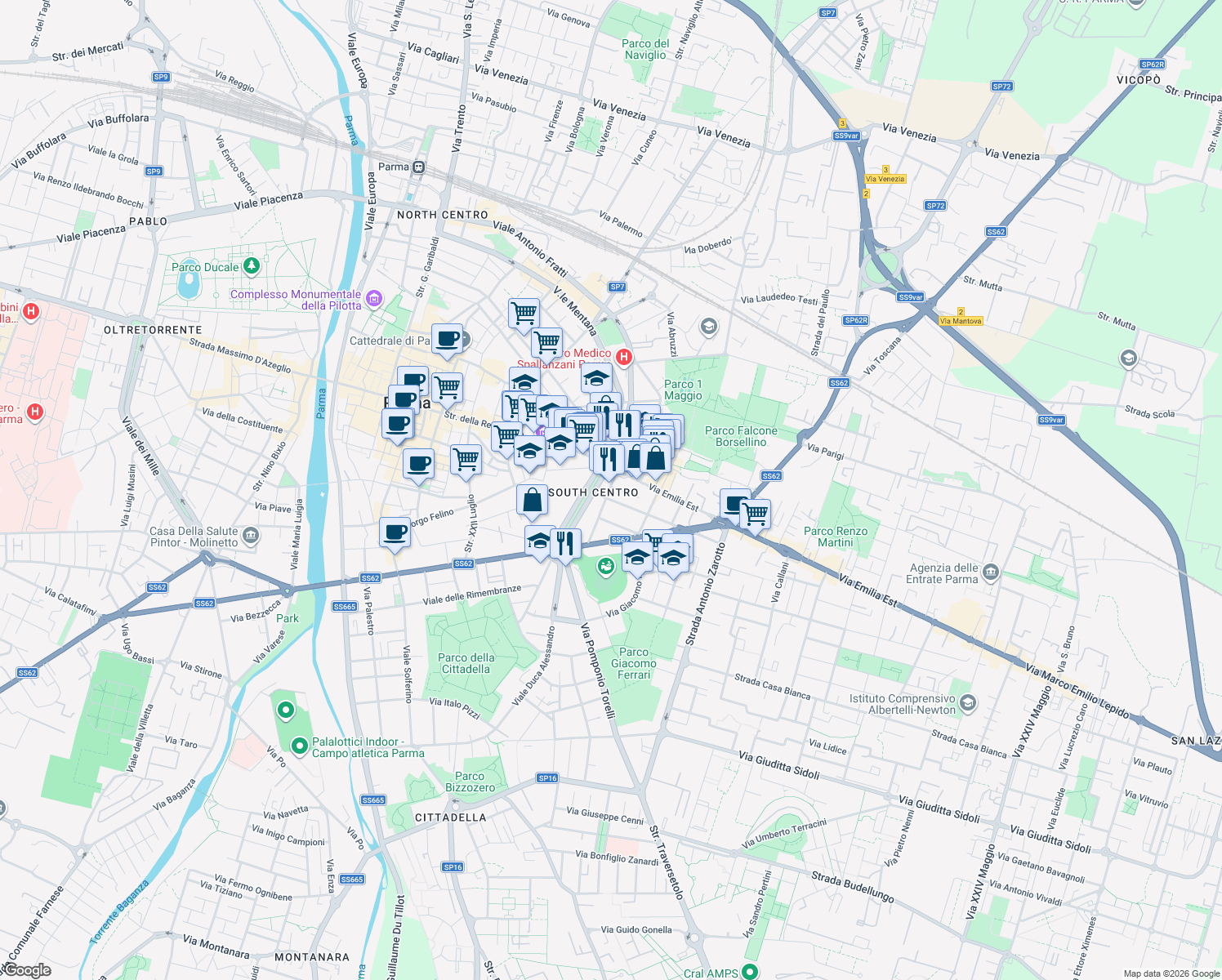 map of restaurants, bars, coffee shops, grocery stores, and more near Via Niccolò Paganini in Parma