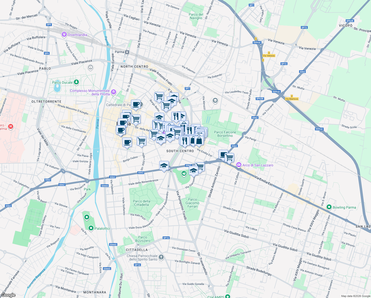 map of restaurants, bars, coffee shops, grocery stores, and more near 25 Viale Punto M. Rossi in Parma