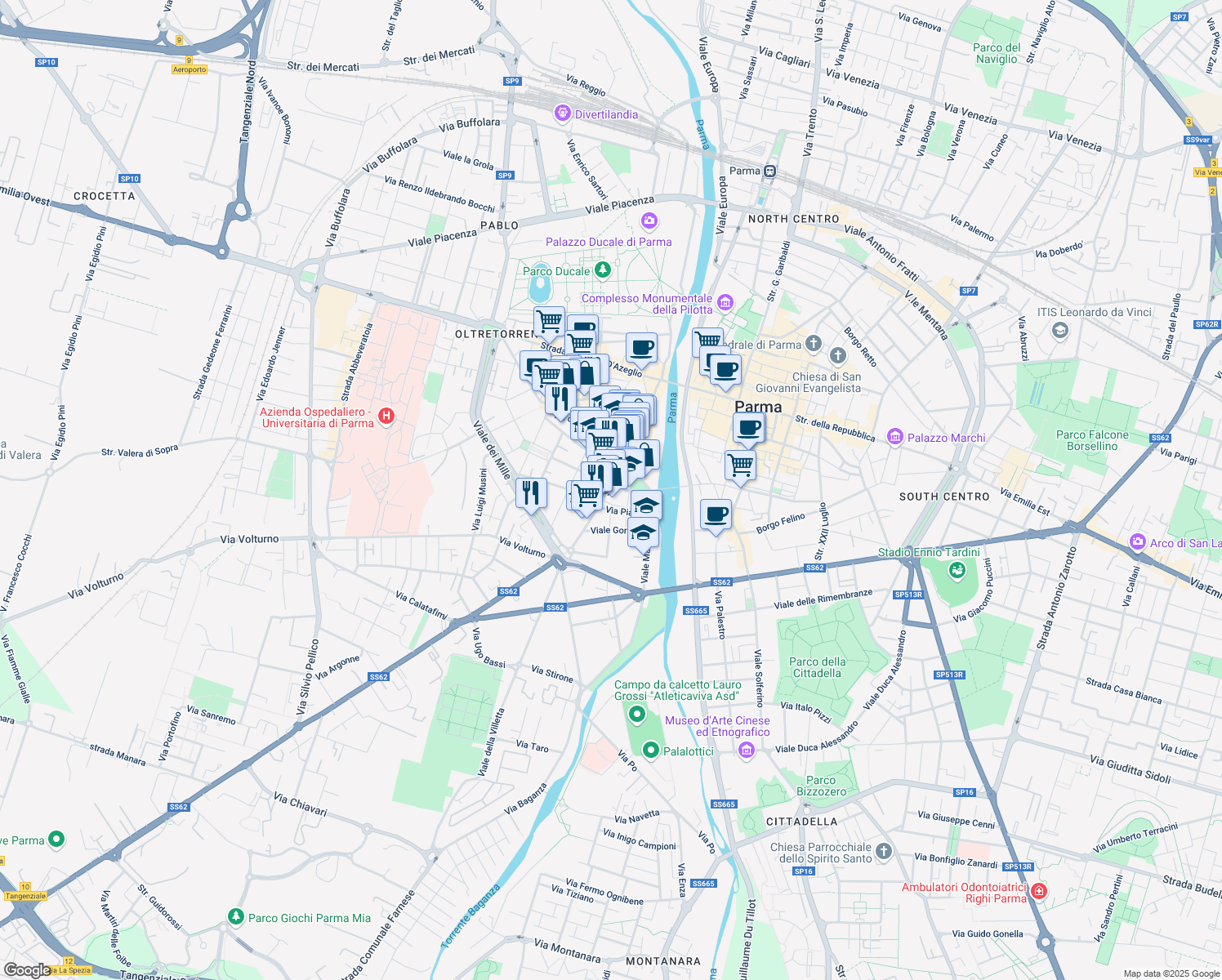 map of restaurants, bars, coffee shops, grocery stores, and more near 104 Strada Nino Bixio in Parma