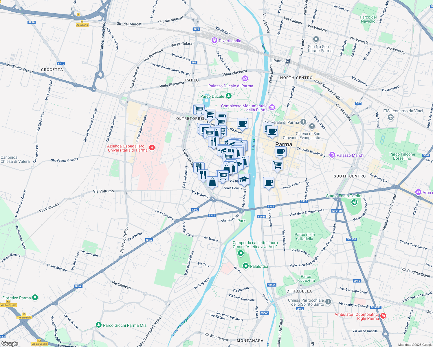 map of restaurants, bars, coffee shops, grocery stores, and more near 12 Via Padre Lino in Parma