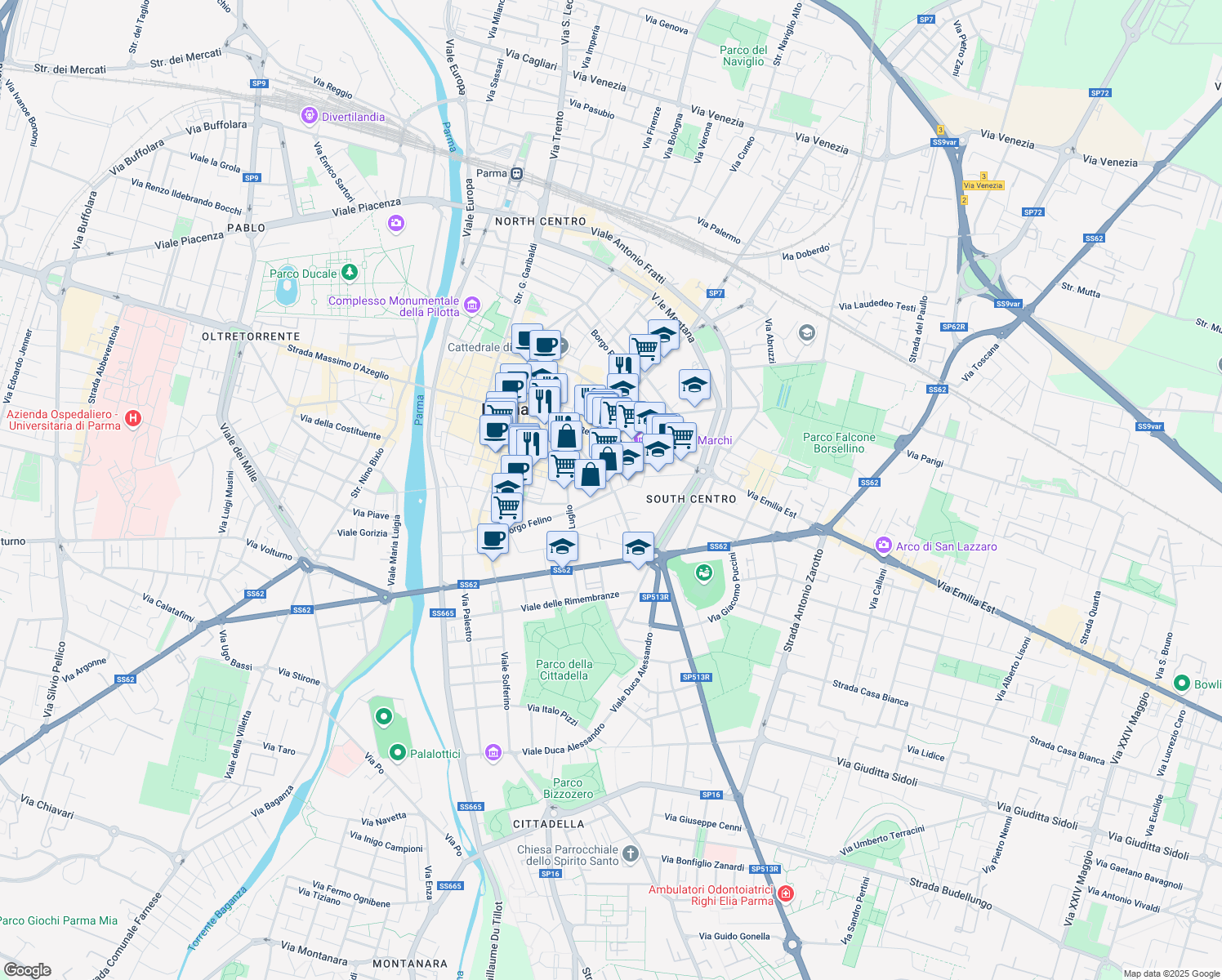 map of restaurants, bars, coffee shops, grocery stores, and more near 16-20 Borgo Collegio Maria Luigia in Parma