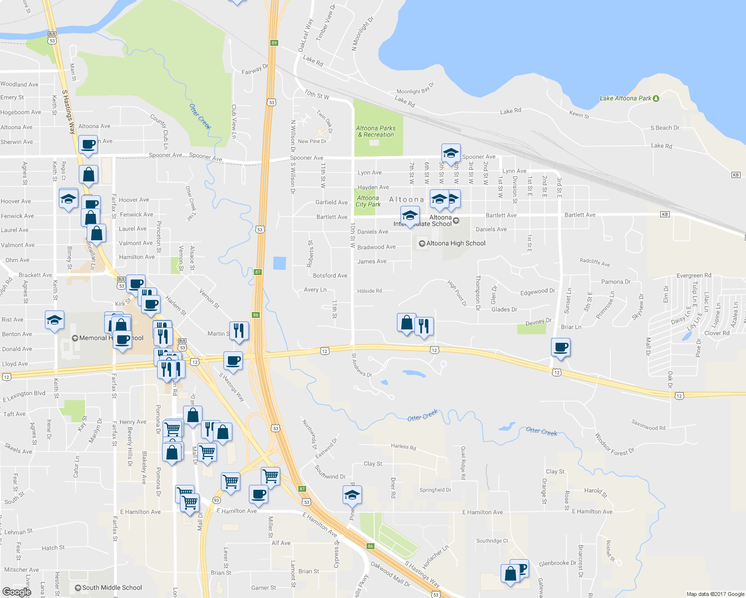 map of restaurants, bars, coffee shops, grocery stores, and more near 2303 Hillside Road in Altoona