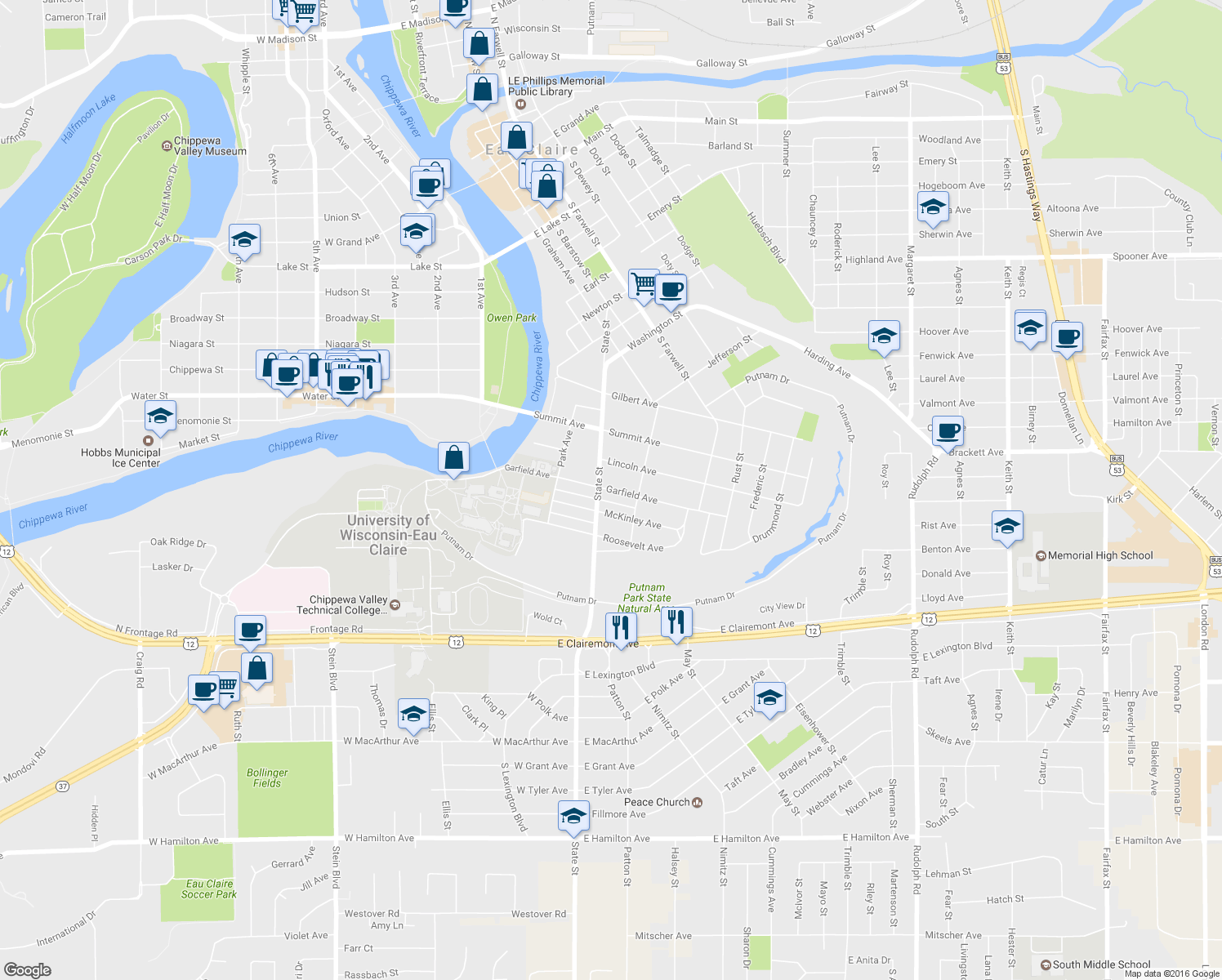 map of restaurants, bars, coffee shops, grocery stores, and more near 333 Garfield Ave in Eau Claire