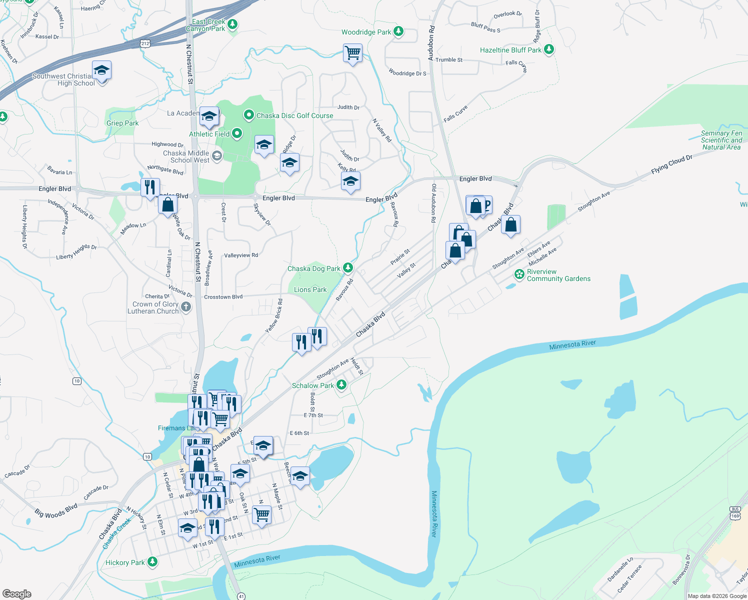 map of restaurants, bars, coffee shops, grocery stores, and more near 1406 State Street in Chaska