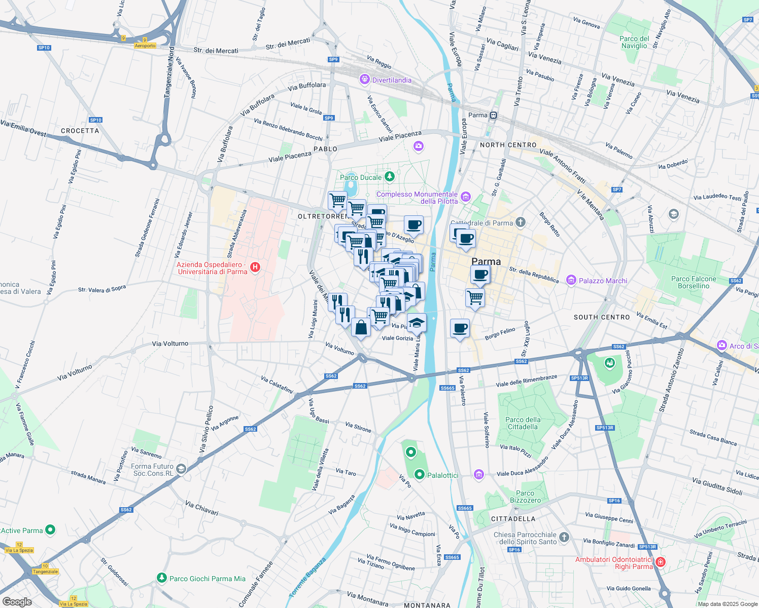 map of restaurants, bars, coffee shops, grocery stores, and more near 12 Via Padre Lino in Parma