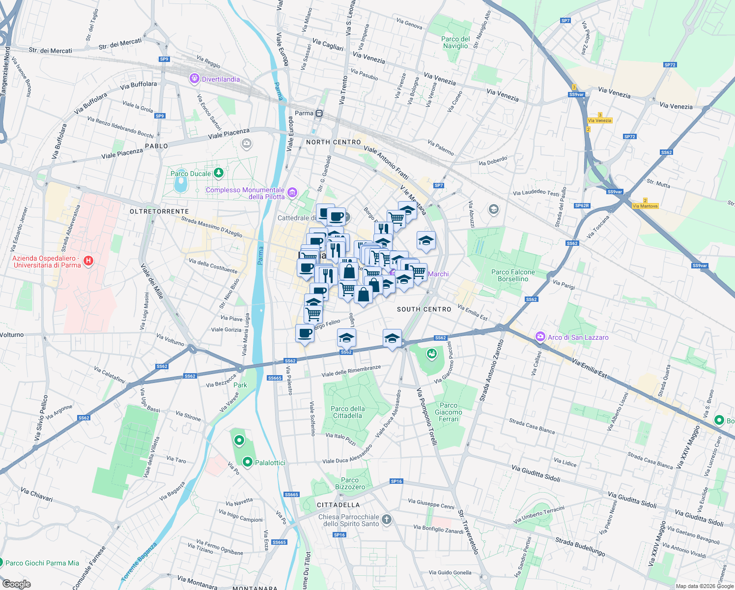 map of restaurants, bars, coffee shops, grocery stores, and more near 24 Borgo Onorato in Parma