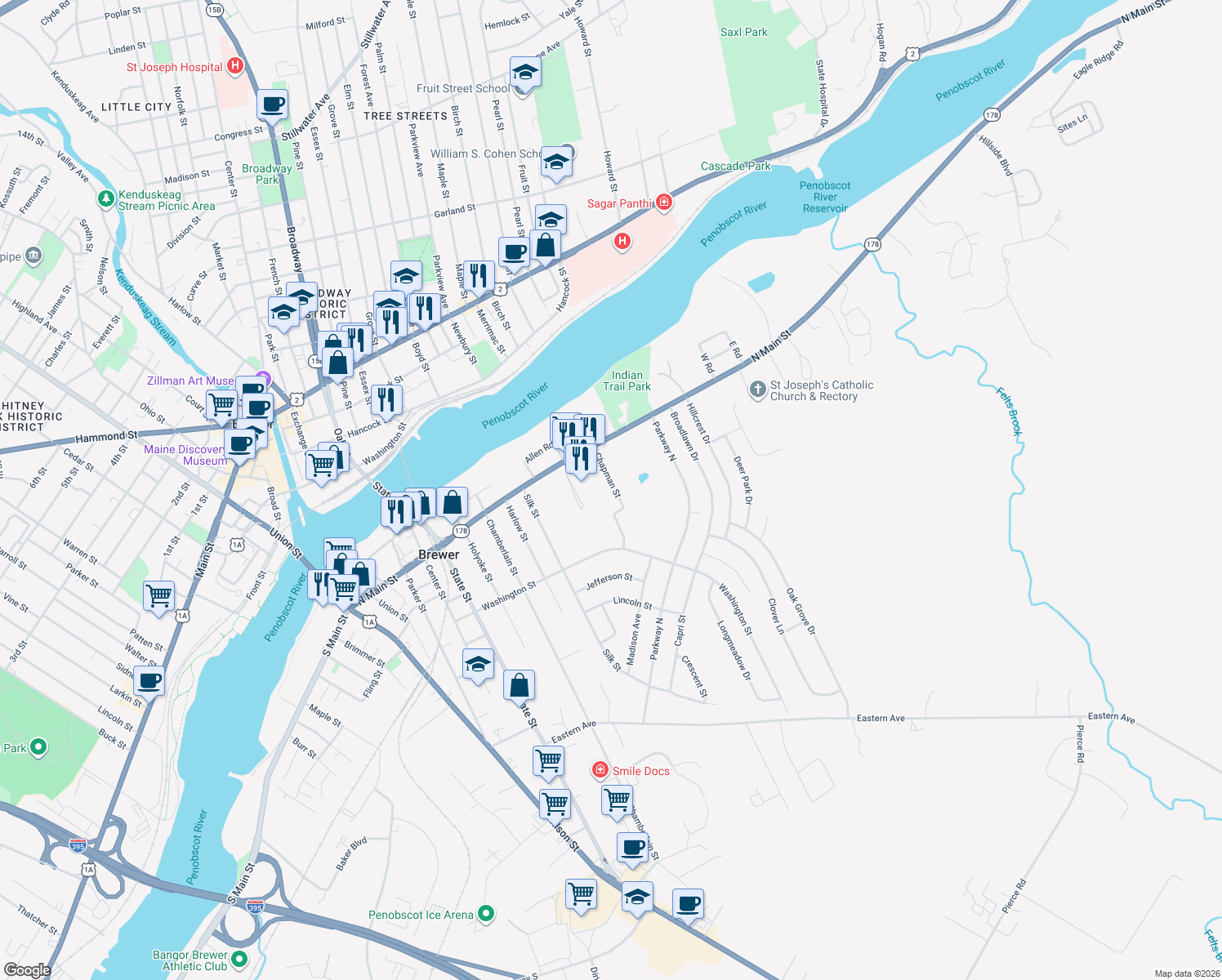 map of restaurants, bars, coffee shops, grocery stores, and more near 31 Chapman Street in Brewer