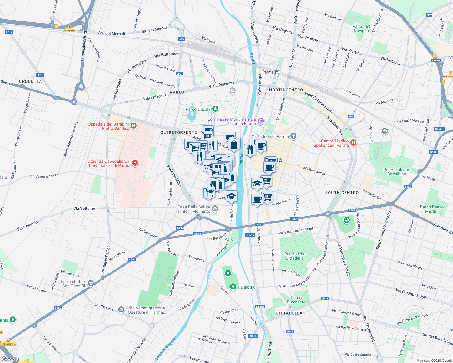 map of restaurants, bars, coffee shops, grocery stores, and more near 33 Vicolo Santa Caterina in Parma