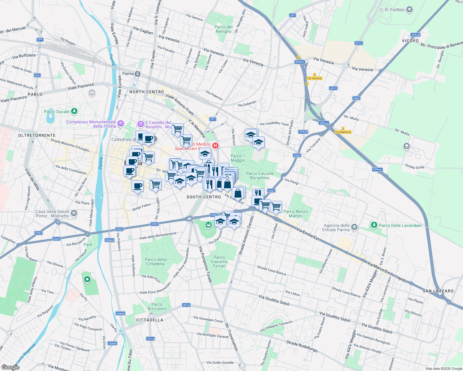 map of restaurants, bars, coffee shops, grocery stores, and more near Largo Fausto Bocchi in Parma
