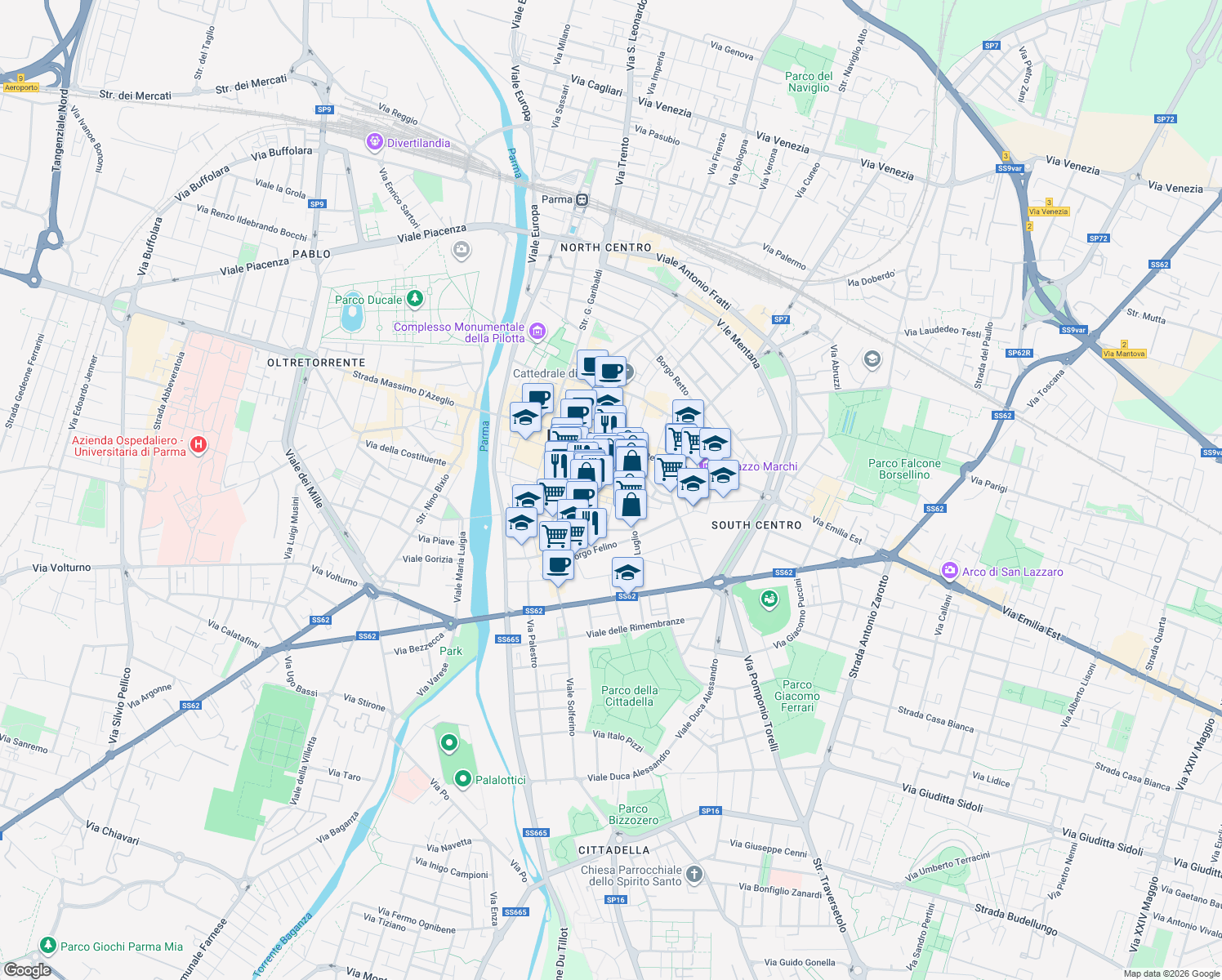 map of restaurants, bars, coffee shops, grocery stores, and more near 16 Strada XXII Luglio in Parma