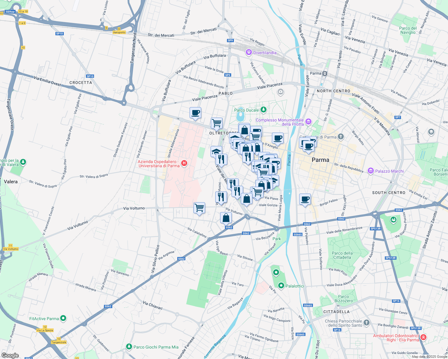 map of restaurants, bars, coffee shops, grocery stores, and more near 29 Viale Vittoria in Parma