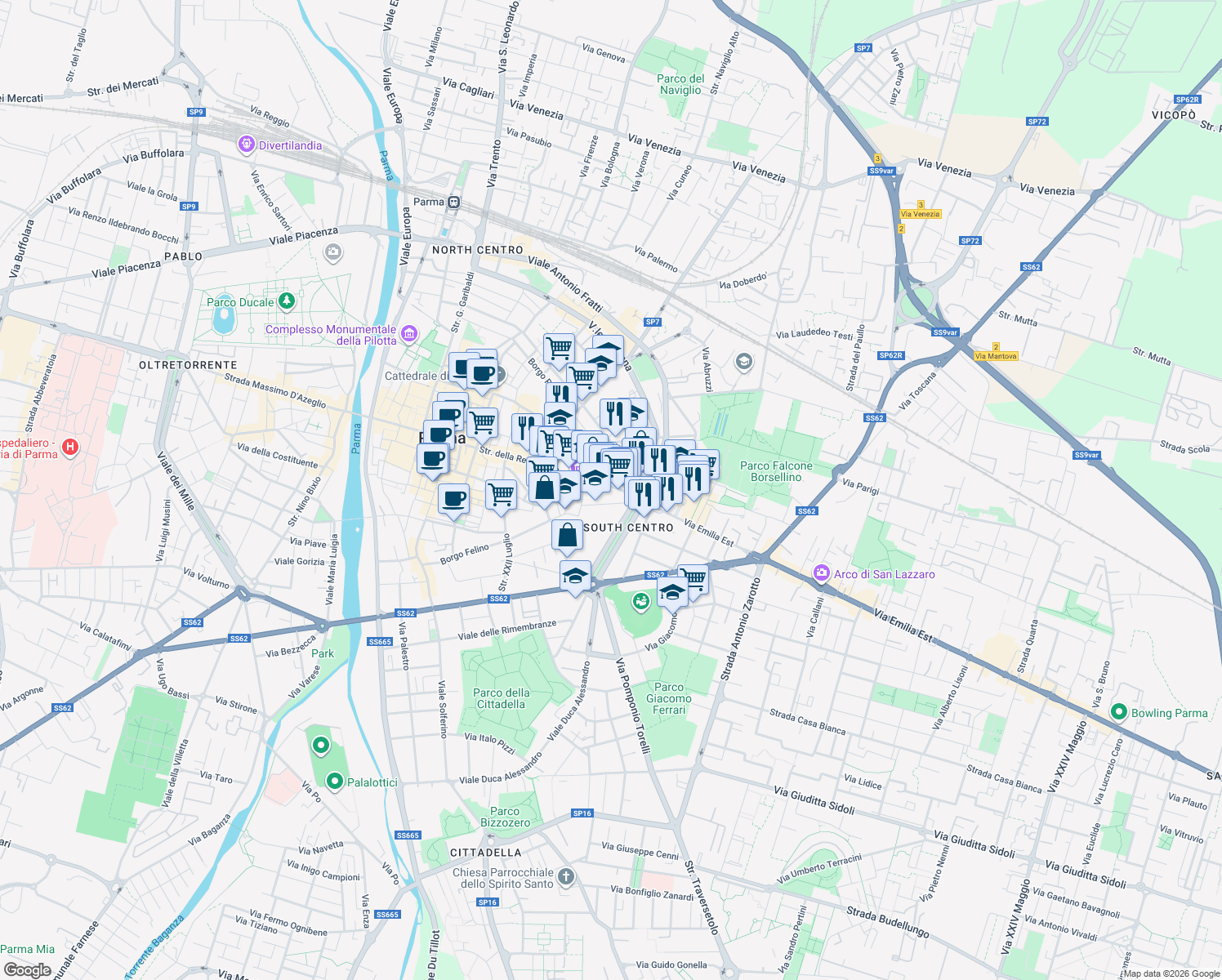 map of restaurants, bars, coffee shops, grocery stores, and more near 1-31 Strada Nuova in Parma