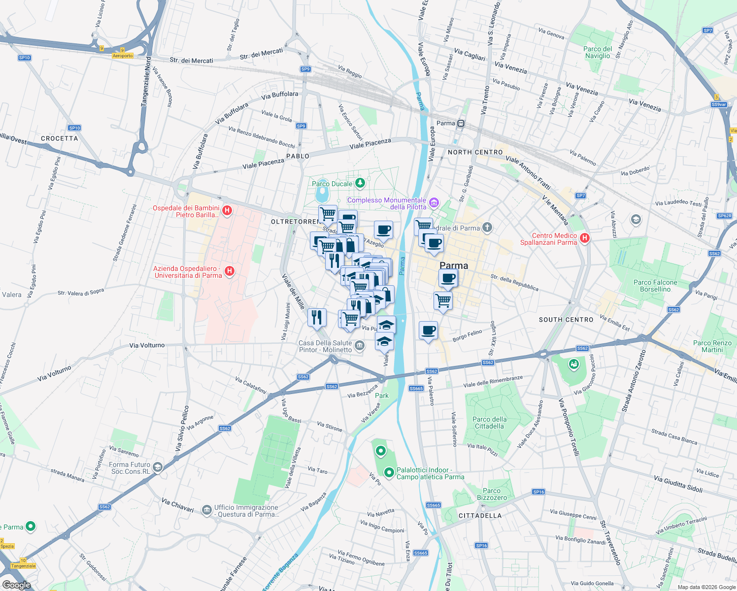 map of restaurants, bars, coffee shops, grocery stores, and more near 104 Strada Nino Bixio in Parma