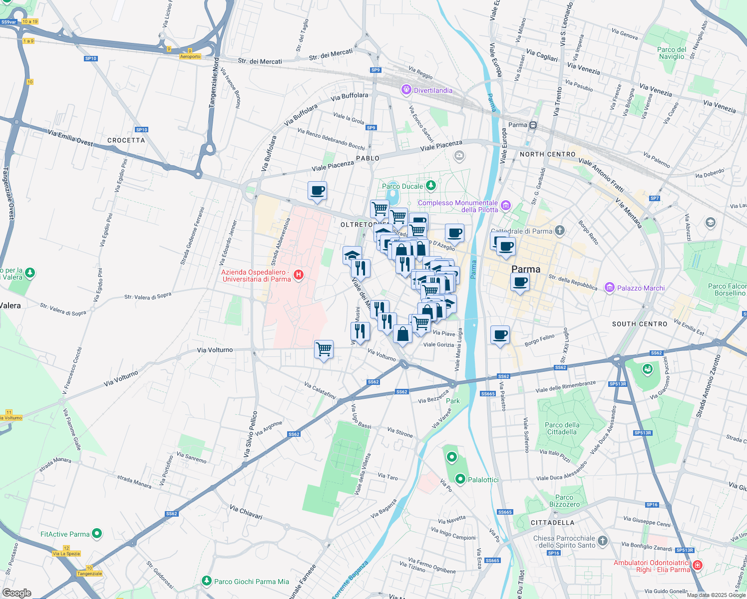 map of restaurants, bars, coffee shops, grocery stores, and more near 29 Viale Vittoria in Parma