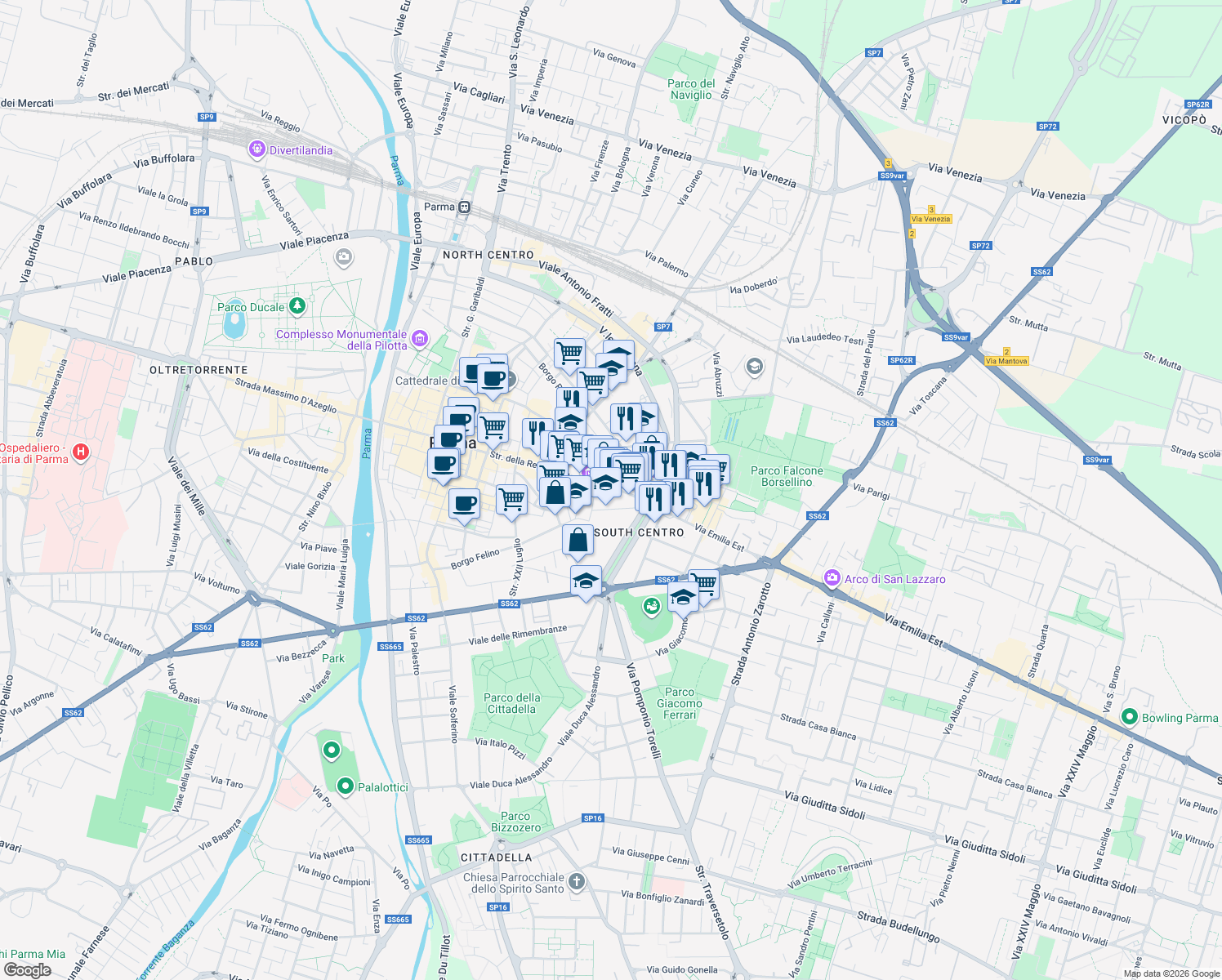 map of restaurants, bars, coffee shops, grocery stores, and more near 31 Strada Nuova in Parma