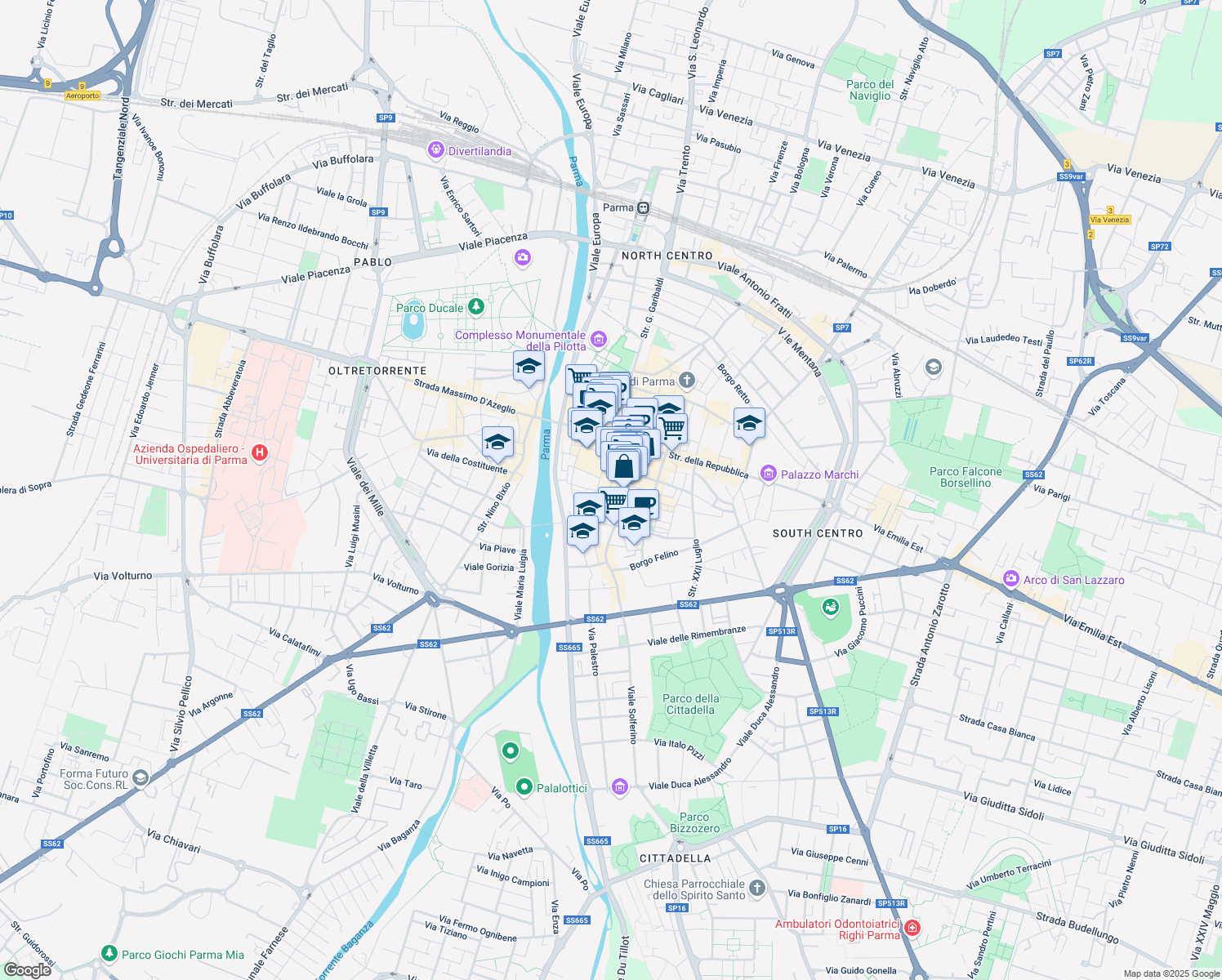 map of restaurants, bars, coffee shops, grocery stores, and more near 2 Borgo del Carbone in Parma